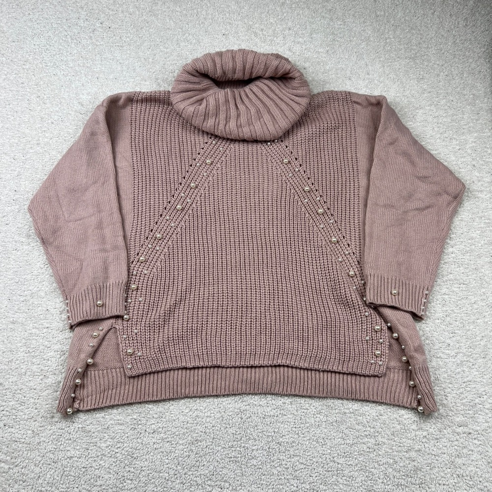 Wenxin‎ Pink Pearl Embellished Large Turtleneck Chunky Knit Sweater